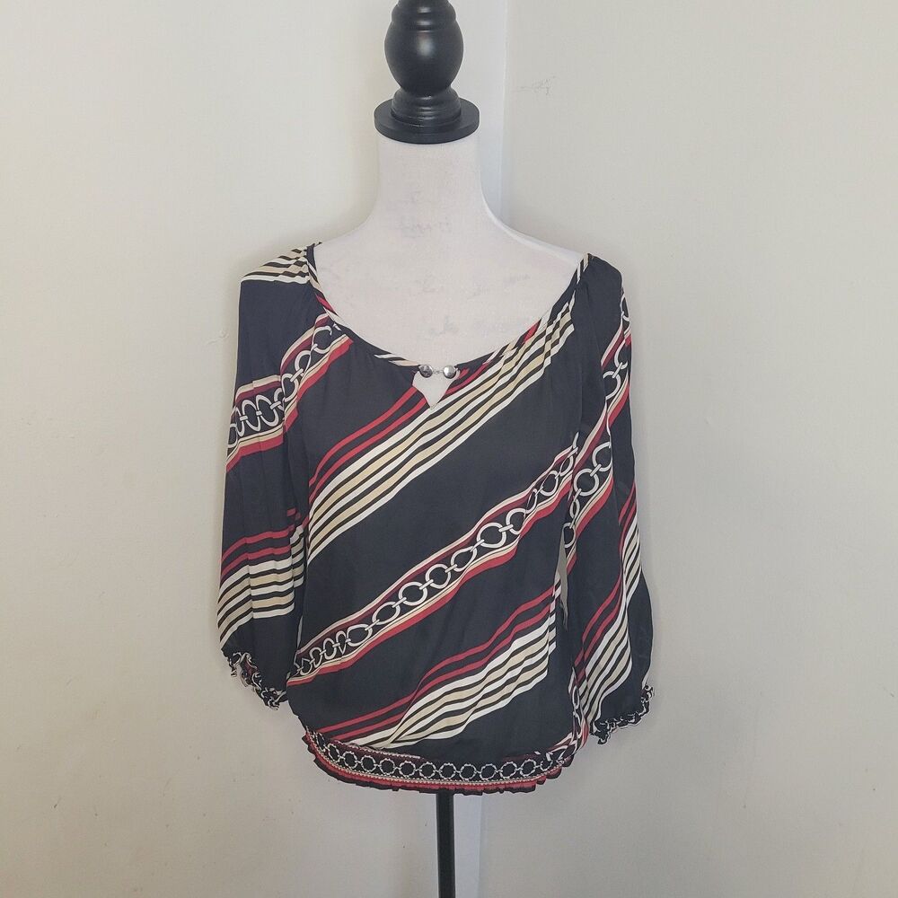White House Black Market Silk Sheer Blouse Women’s Medium Black Red Tan 3/4 Slee